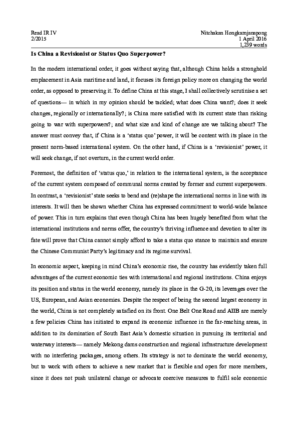 (PDF) Is China a Revisionist or Status Quo Superpower Nitchakan