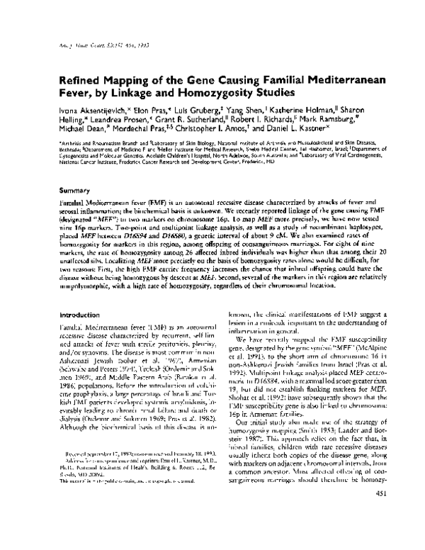 (PDF) Refined mapping of the gene causing familial Mediterranean fever ...