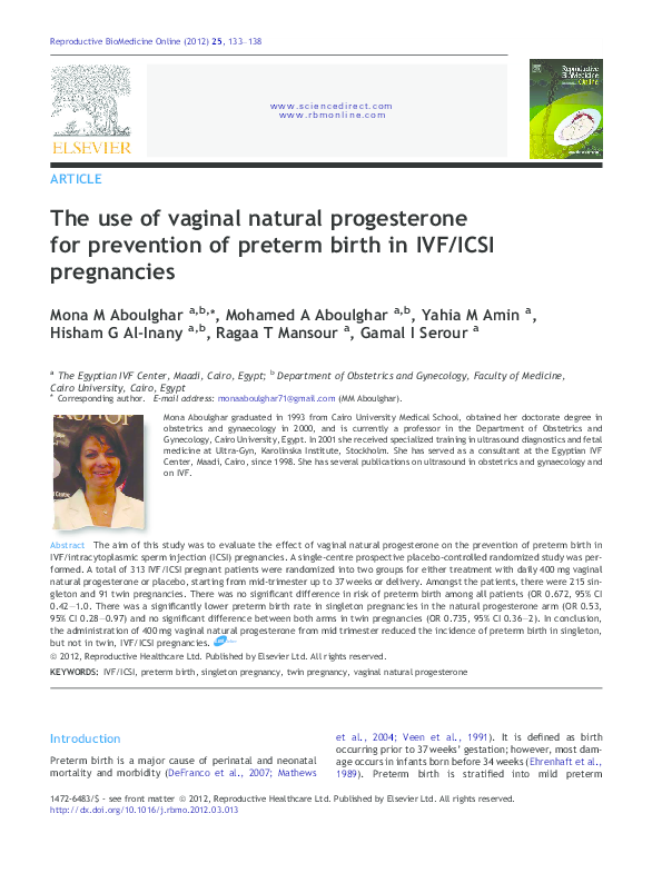 (PDF) The use of vaginal natural progesterone for prevention of preterm ...
