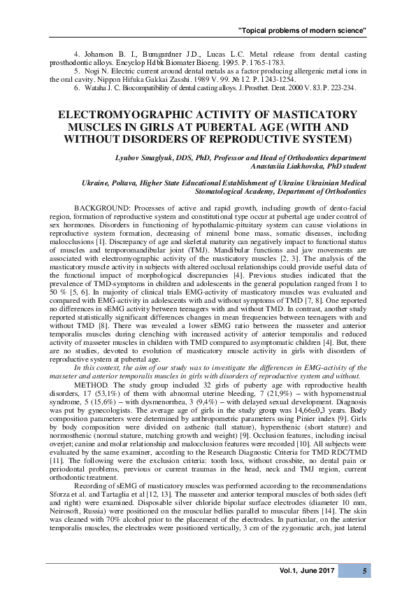 ELECTROMYOGRAPHIC ACTIVITY OF MASTICATORY MUSCLES IN GIRLS AT PUBERTAL AGE (WITH AND WITHOUT DISORDERS OF REPRODUCTIVE SYSTEM)