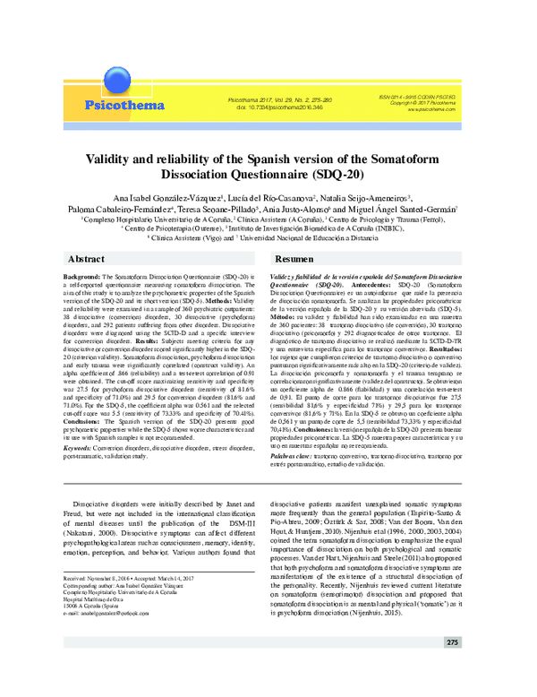 (PDF) Validity and reliability of the Spanish version of the Somatoform ...