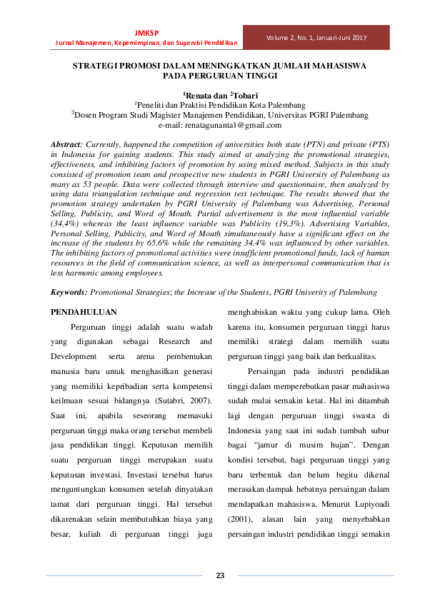 Pdf Strategi Promosi Dalam Meningkatkan Jumlah Mahasiswa Pada