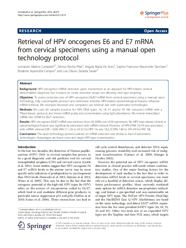 (PDF) Retrieval of HPV oncogenes E6 and E7 mRNA from cervical specimens ...