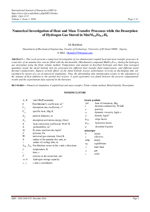 (PDF) Numerical Investigation of Heat and Mass Transfer Processes while ...