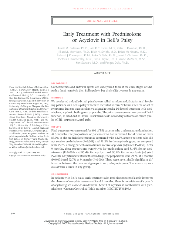 (PDF) Early Treatment with Prednisolone or Acyclovir in Bell’s Palsy