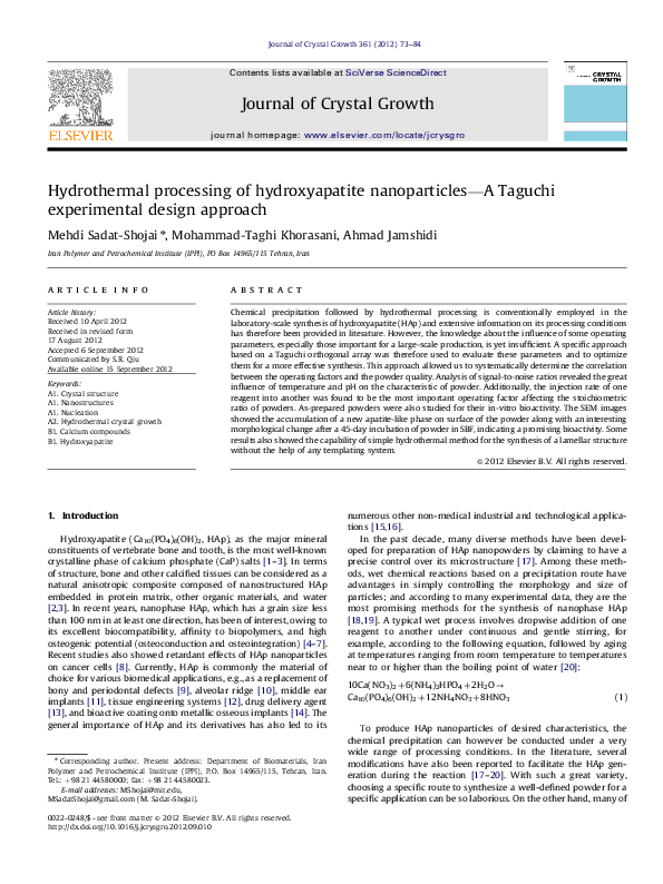 (PDF) Hydrothermal processing of hydroxyapatite nanoparticles—A Taguchi ...
