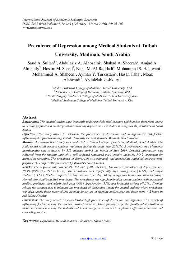 (PDF) Prevalence of Depression among Medical Students at Taibah ...