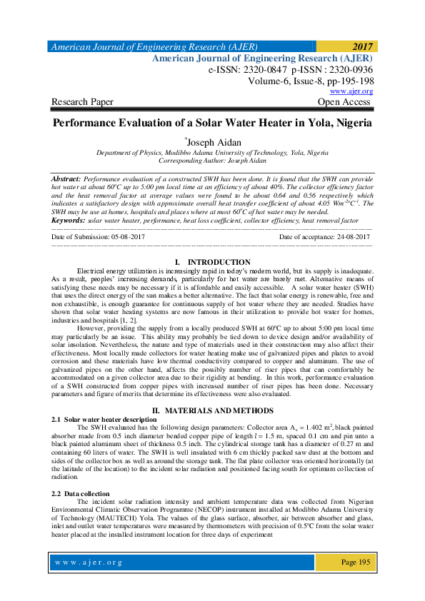 (PDF) Performance Evaluation of a Solar Water Heater in Yola, Nigeria