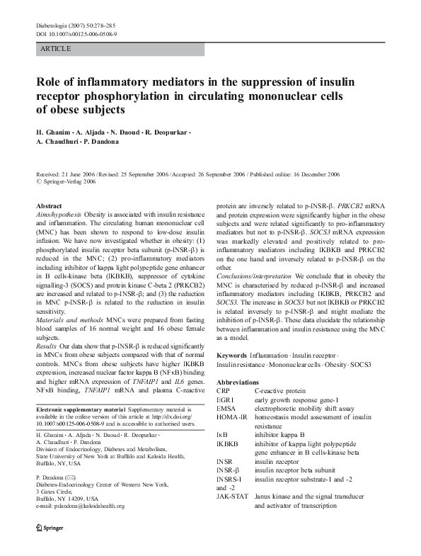 (PDF) Role of inflammatory mediators in the suppression of insulin ...