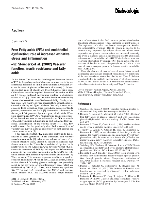 (PDF) Free fatty acids (FFA) and endothelial dysfunction; role of ...