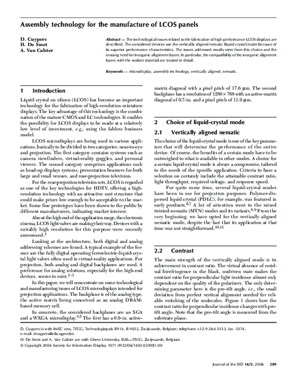 (PDF) Assembly technology for the manufacture of LCOS panels Herbert De Smet Academia.edu