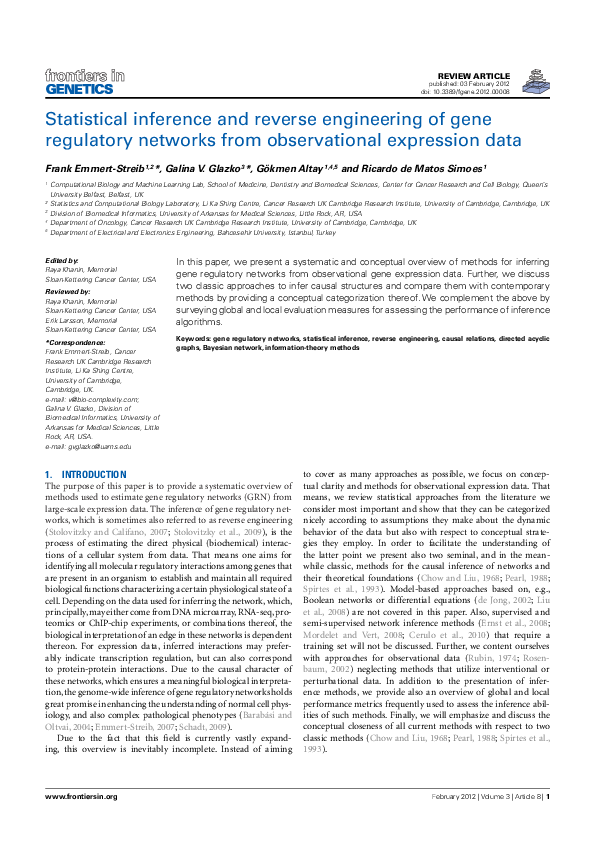 (PDF) Statistical inference and reverse engineering of gene regulatory ...