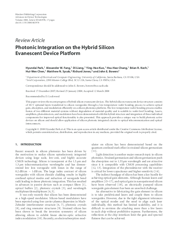 (PDF) Photonic integration on the hybrid silicon evanescent device platform