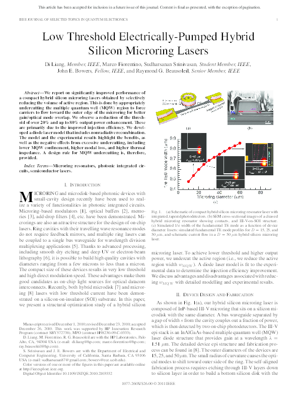 (PDF) Low Threshold Electrically-Pumped Hybrid Silicon Microring Lasers