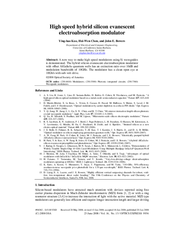 (PDF) High speed hybrid silicon evanescent electroabsorption modulator