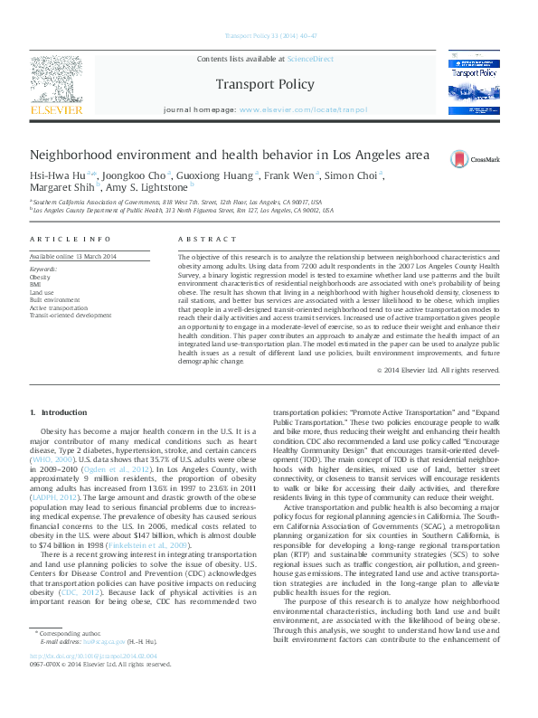 (PDF) Neighborhood environment and health behavior in Los Angeles area