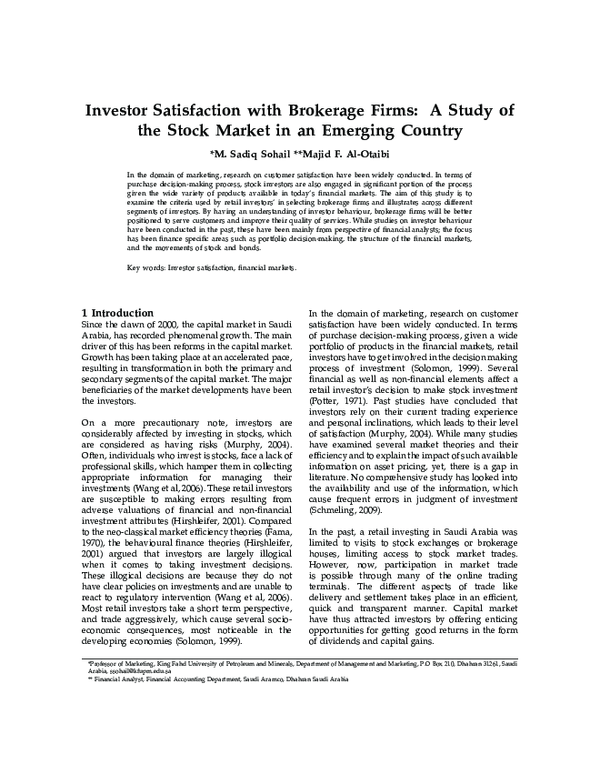 (PDF) Investor Satisfaction with Brokerage Firms: A Study of the Stock ...