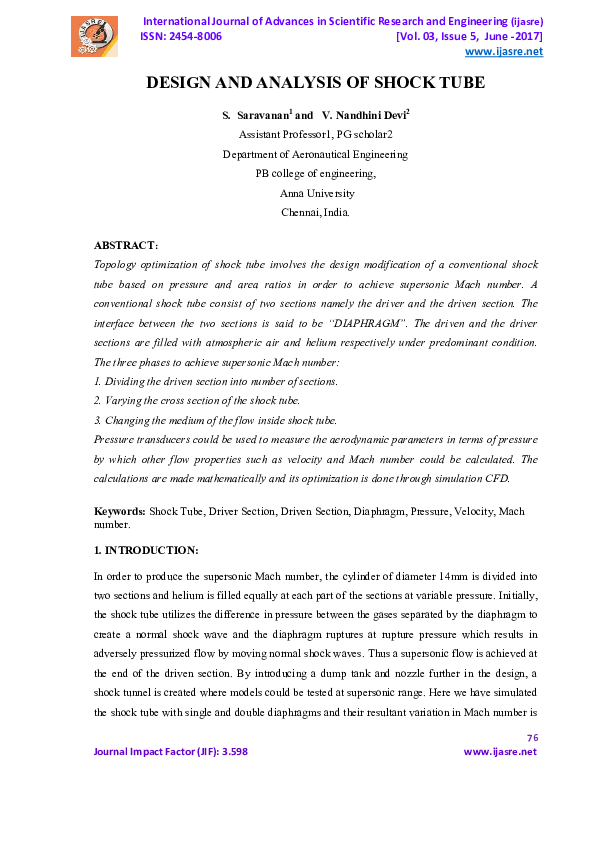 (PDF) DESIGN AND ANALYSIS OF SHOCK TUBE Editor Ijasre Academia.edu