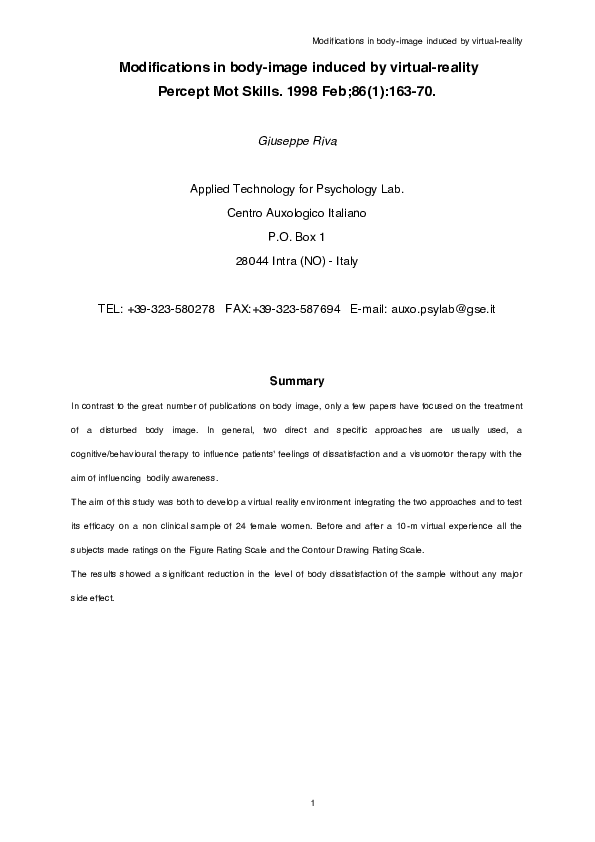 (PDF) Modifications of BodyImage Induced by Virtual Reality Giuseppe