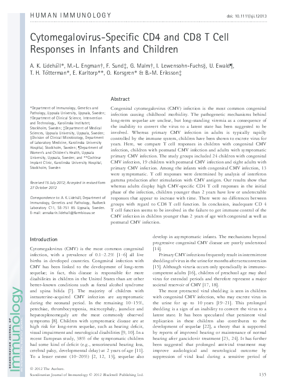 (PDF) Cytomegalovirus-Specific CD4 and CD8 T Cell Responses in Infants ...