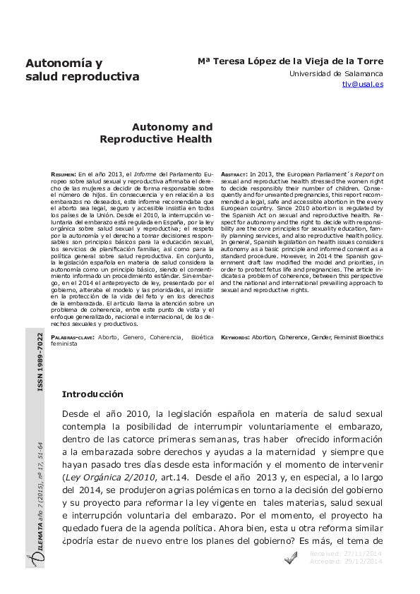 (PDF) Autonomía y salud reproductiva Autonomy and Reproductive Health