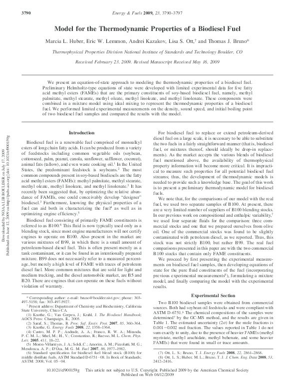 (PDF) Model for the Thermodynamic Properties of a Biodiesel Fuel