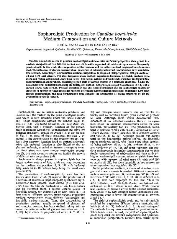 (PDF) Sophorolipid production by Candida bombicola: Medium composition ...