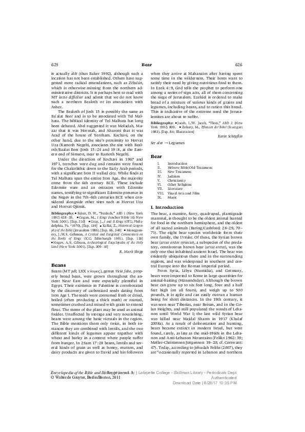 “Bear I. Introduction; II. Hebrew Bible/Old Testament; III. New Testament; IV. Judaism; V. Christianity; VI. Other Religions; VII. Literature; VIII. Visual Arts; IX. Music,” in EBR 3 (2011): cols. 626–50