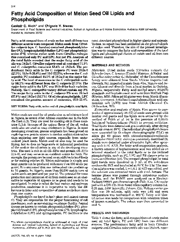 (PDF) Fatty acid composition of melon seed oil lipids and phospholipids