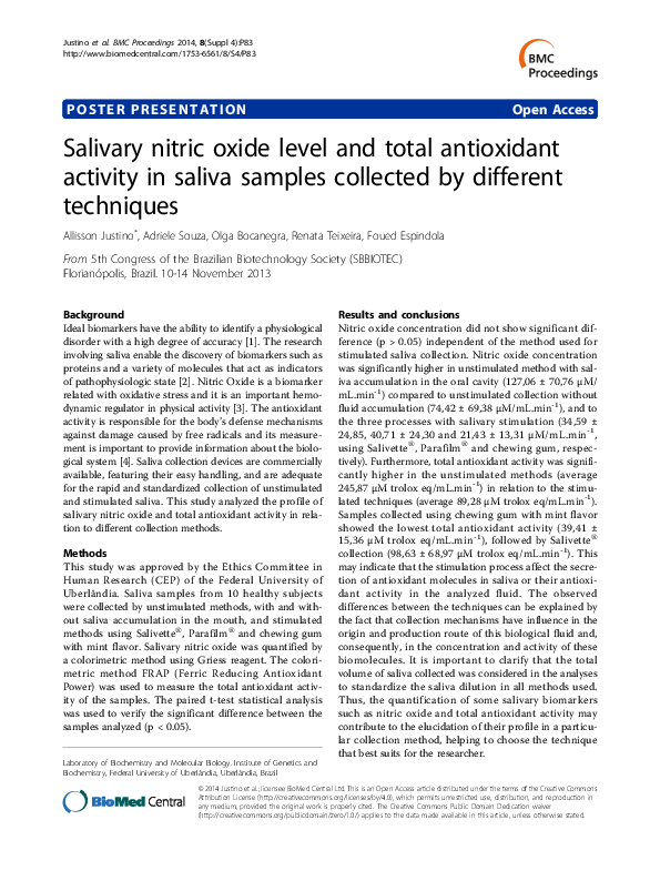 (PDF) Salivary nitric oxide level and total antioxidant activity in