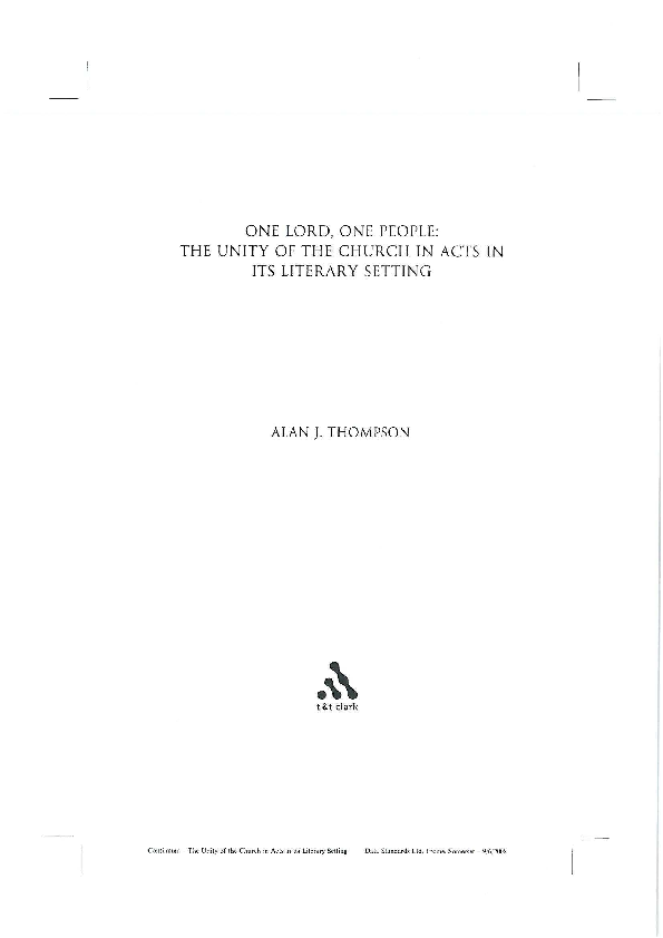 Pdf One Lord One People The Unity Of The Church In Acts In Its