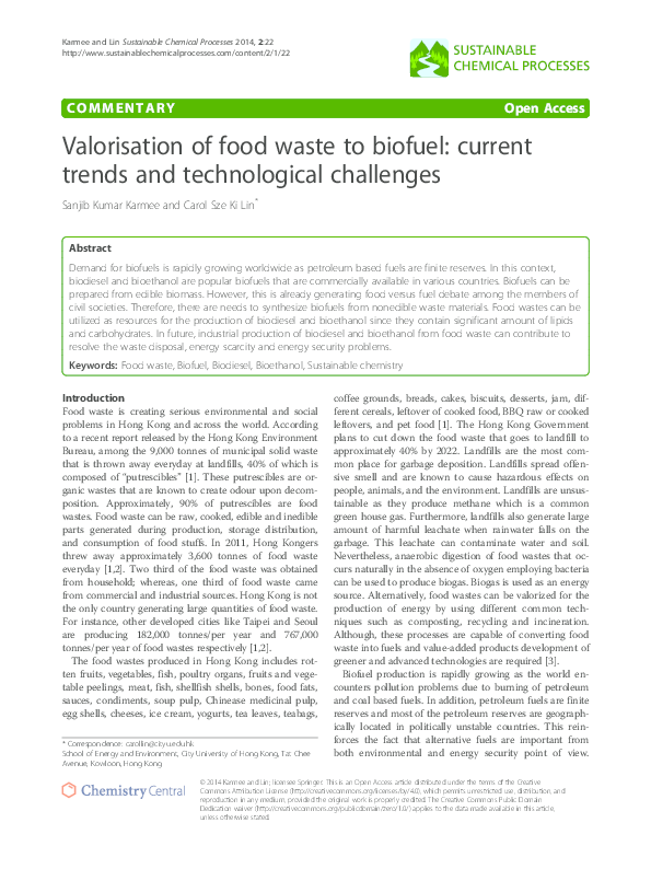 (PDF) Valorisation of food waste to biofuel: current trends and ...