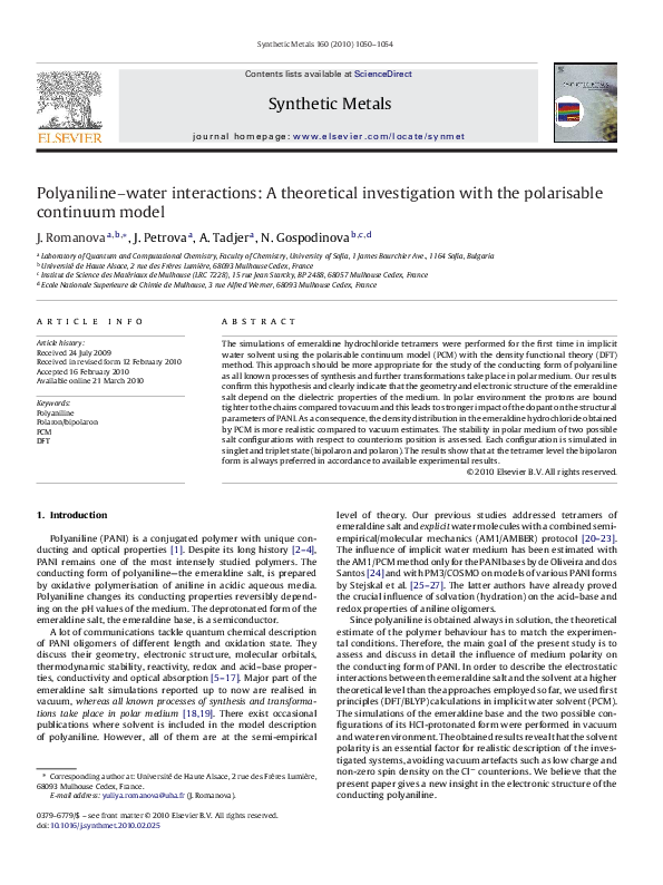 (PDF) Polyaniline–water interactions: A theoretical investigation with ...