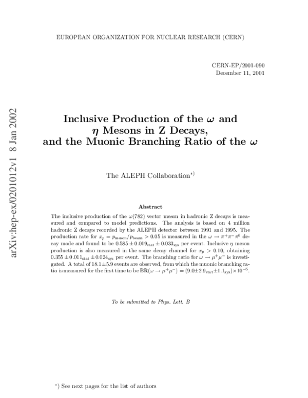 (PDF) Inclusive production of the η and ω mesons in Z decays, and the ...