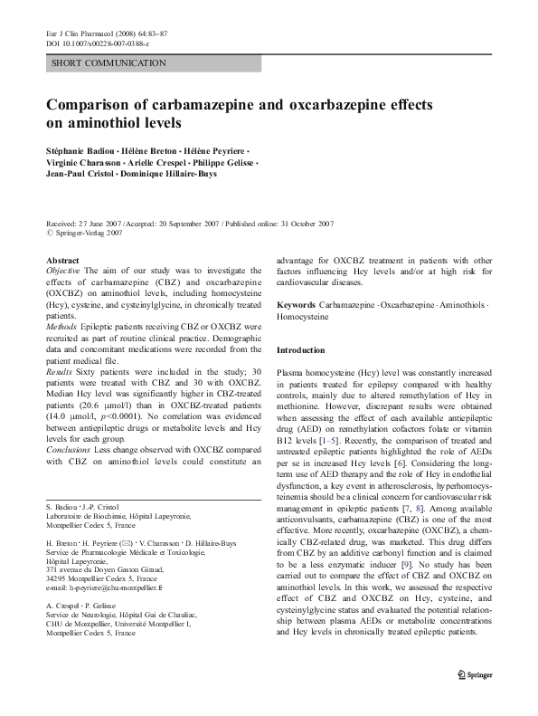 (PDF) Comparison of carbamazepine and oxcarbazepine effects on