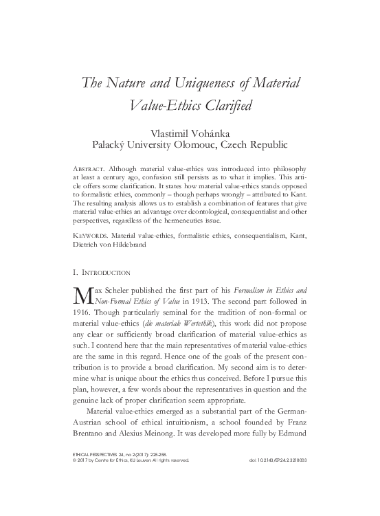 (PDF) The Nature and Uniqueness of Material ValueEthics Clarified
