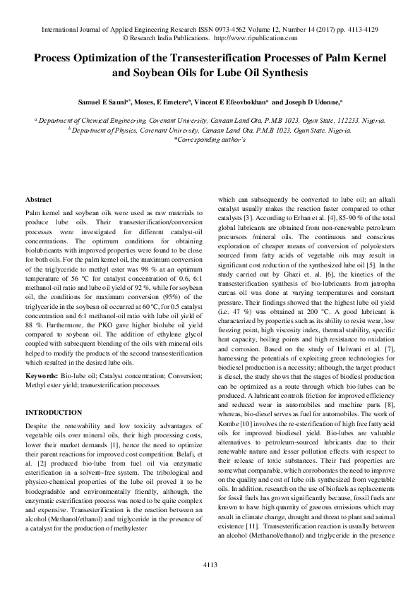 (PDF) Process Optimization of the Transesterification Processes of Palm ...