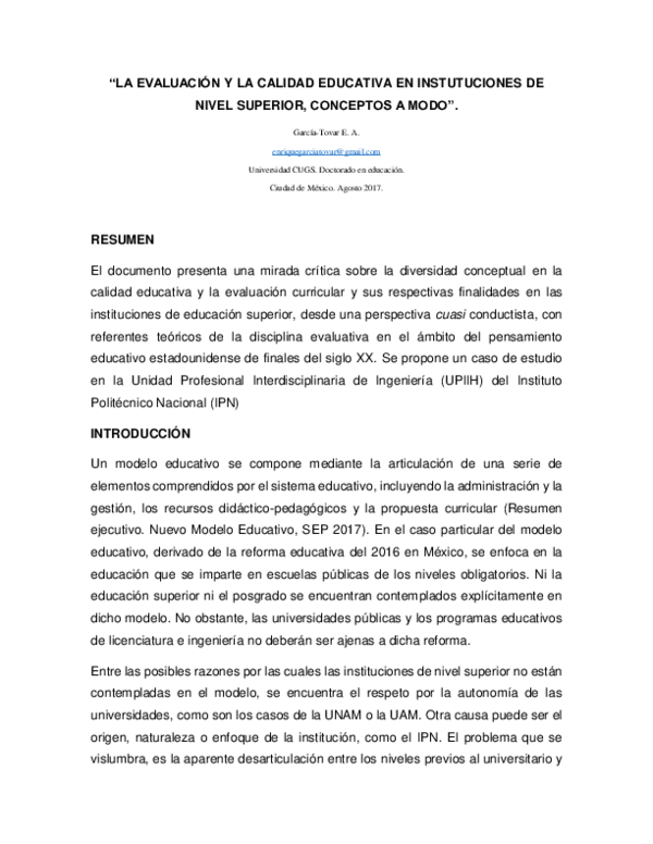 (DOC) " LA EVALUACIÓN Y LA CALIDAD EDUCATIVA EN INSTUTUCIONES DE NIVEL ...