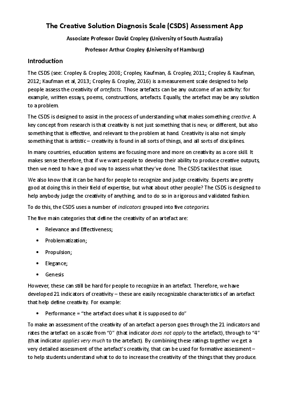 (DOC) The Creative Solution Diagnosis Scale (CSDS) Assessment App