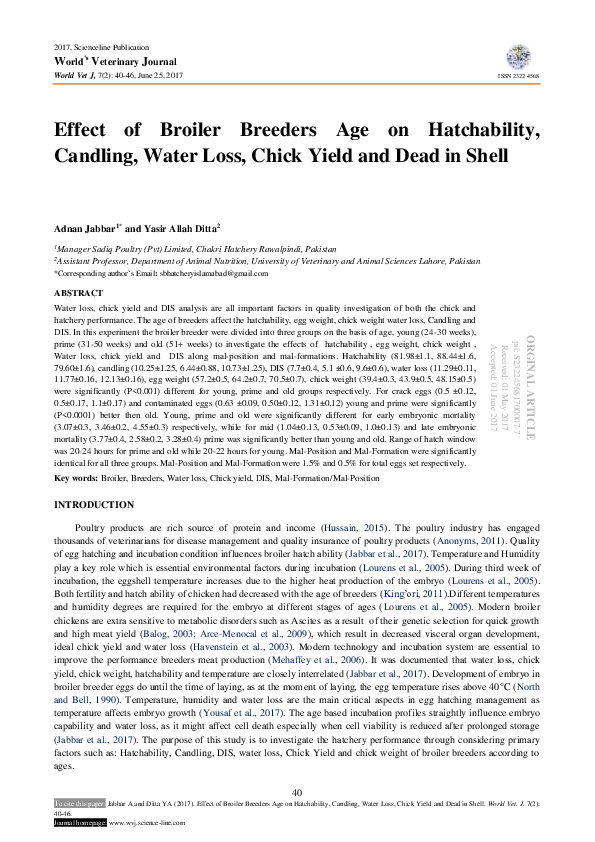 (PDF) Effect of Broiler Breeders Age on Hatchability, Candling, Water ...