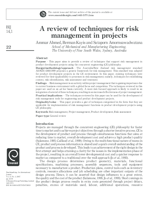 (PDF) A review of techniques for risk management in projects