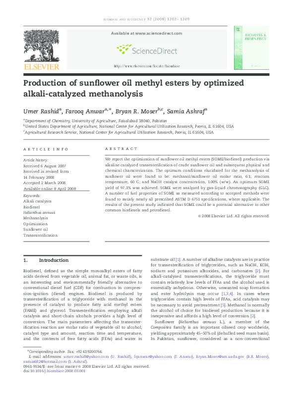 (PDF) Production of sunflower oil methyl esters by optimized alkalicatalyzed methanolysis