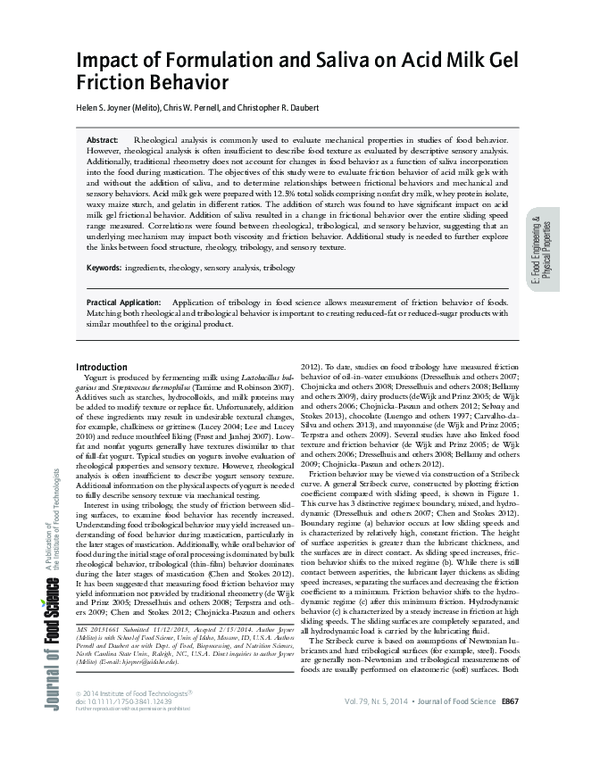 (PDF) Impact of Formulation and Saliva on Acid Milk Gel Friction Behavior