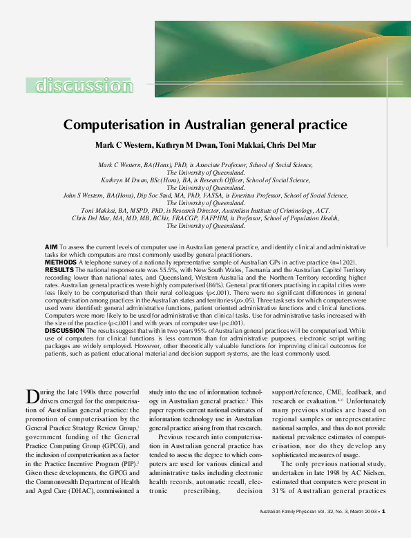 (PDF) Computerisation in Australian general practice