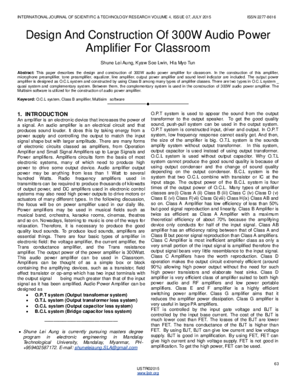 (PDF) Design And Construction Of 300W Audio Power Amplifier For Classroom