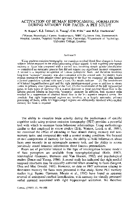 (PDF) Activation of Human Hippocampal Formation During Memory for Faces ...
