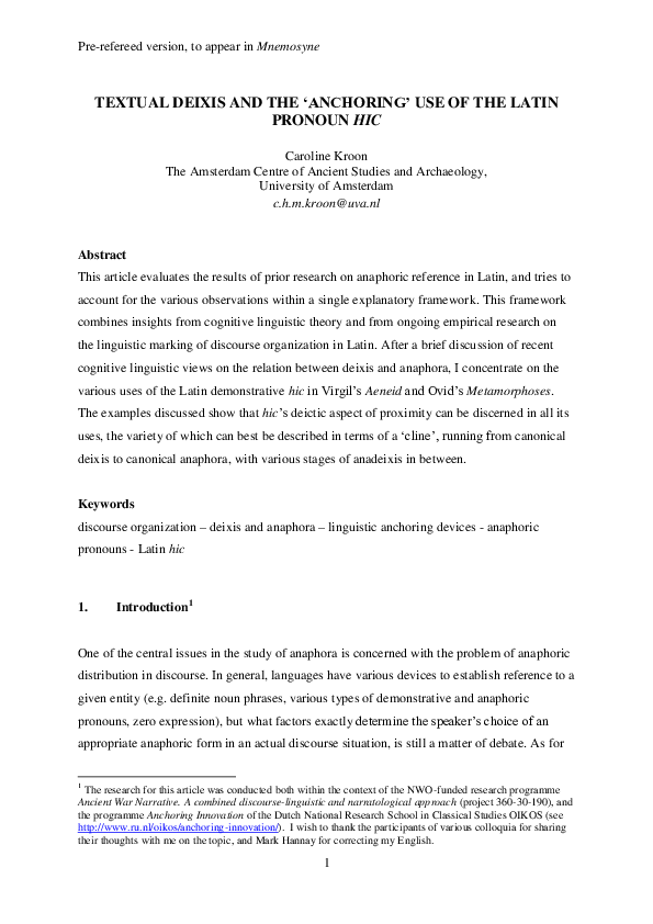 (PDF) Textual deixis and the ‘anchoring’ use of the Latin pronoun hic