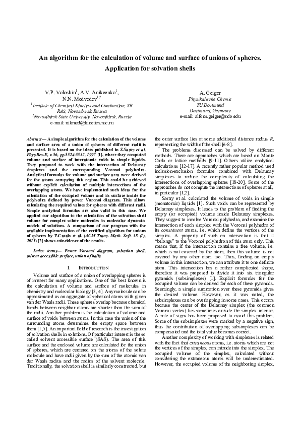 (PDF) An Algorithm for the Calculation of Volume and Surface of Unions ...