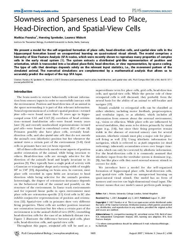 (PDF) Slowness and Sparseness Lead to Place, Head-Direction, and ...
