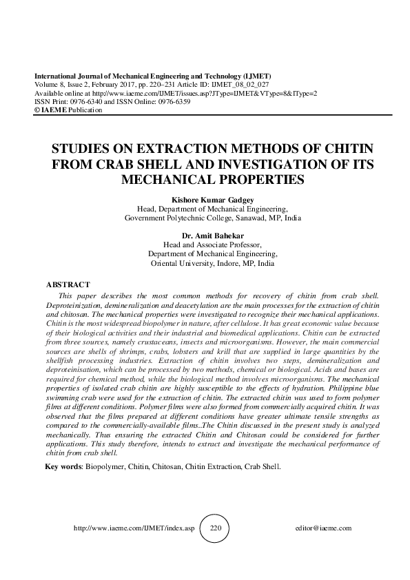 (PDF) STUDIES ON EXTRACTION METHODS OF CHITIN FROM CRAB SHELL AND ...